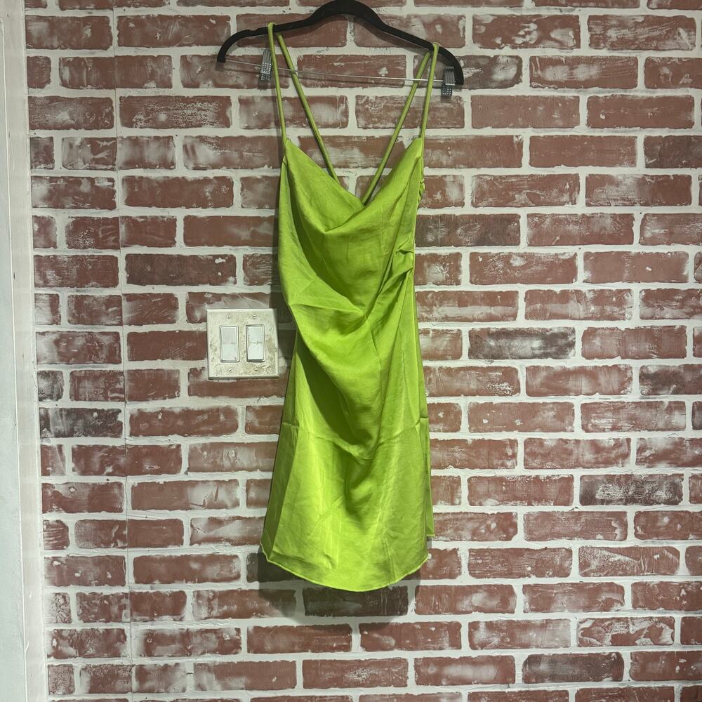 Nanushka Malia Lime Green Satin Mini Slip Dress Cowl Draped Small